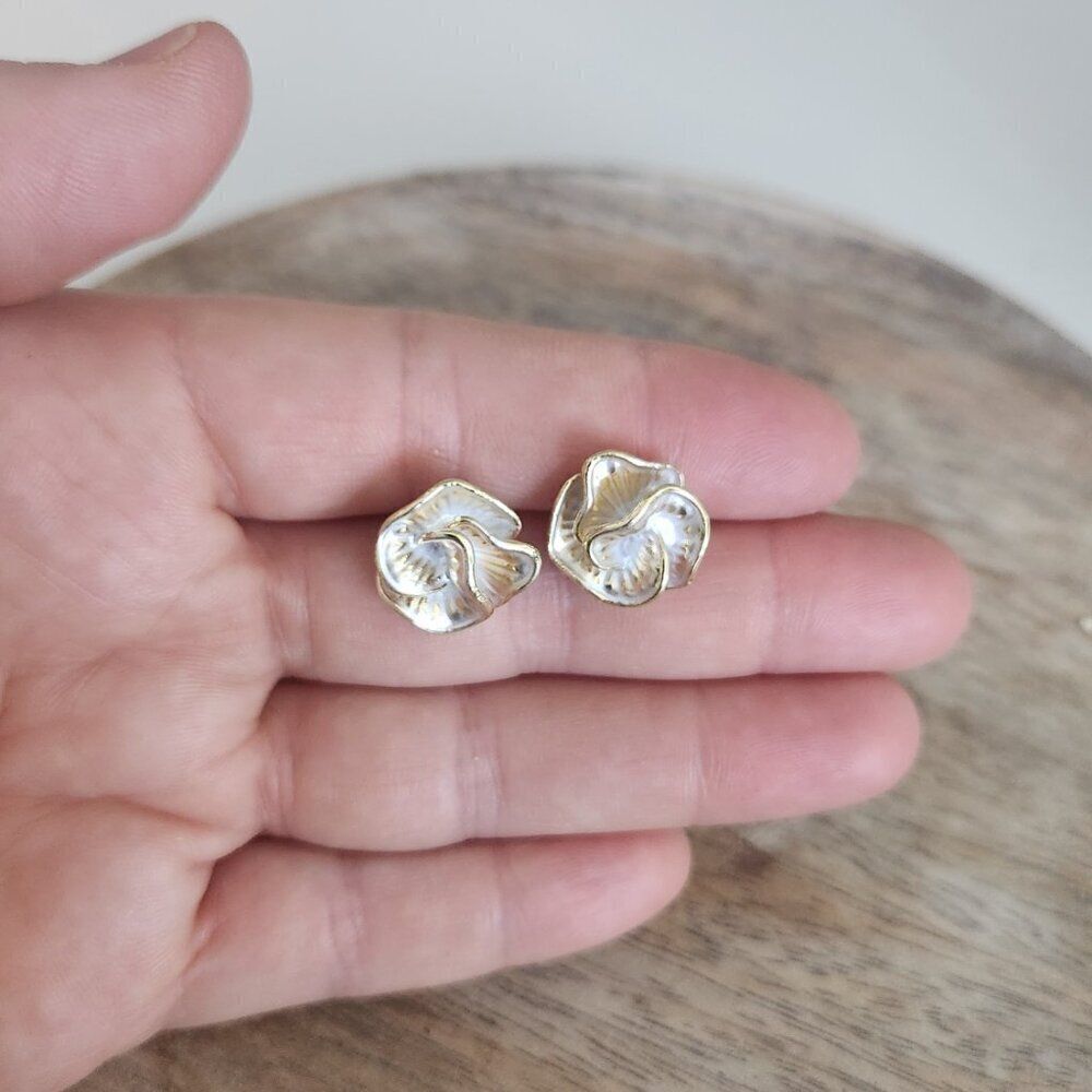 {2/$30} Gold and White Enamel Flower Stud Earrings. Cottage Boho Grandma Fairy